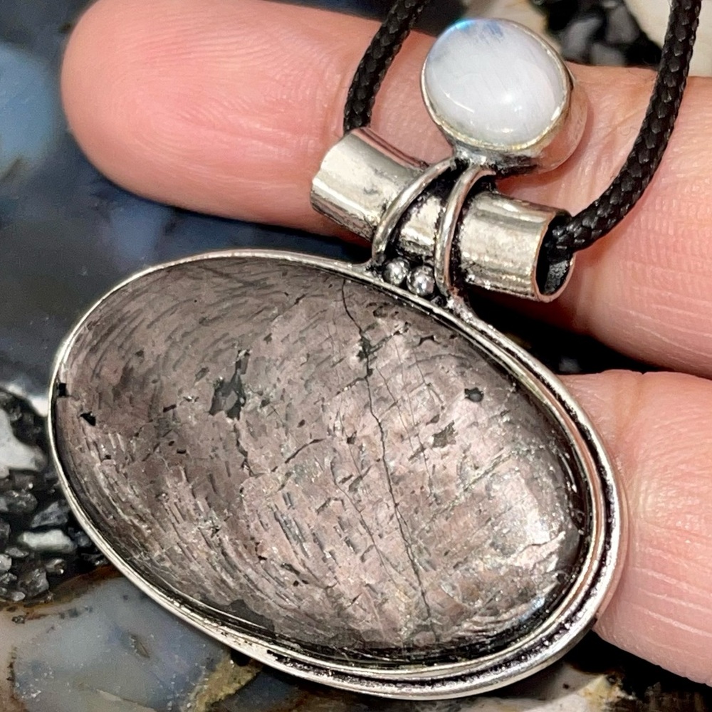 Rainbow Moonstone & Hypersthene Pendant 1 1/2”x 1 7/8”